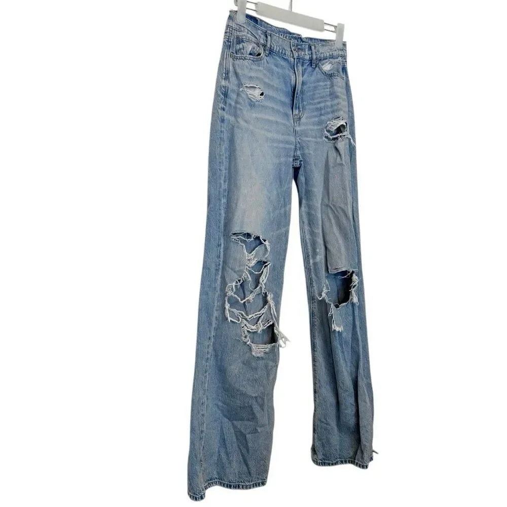 American Eagle Wide Leg High Rise Whiskering Cotton Distressed Jeans Blue Size 0